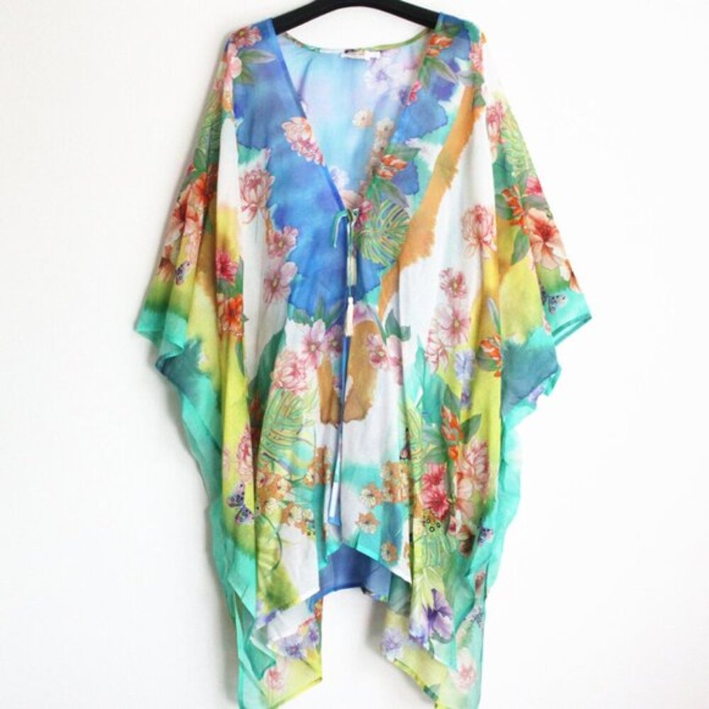 Johnny Was Ocean Floral Cover-up, Size L
